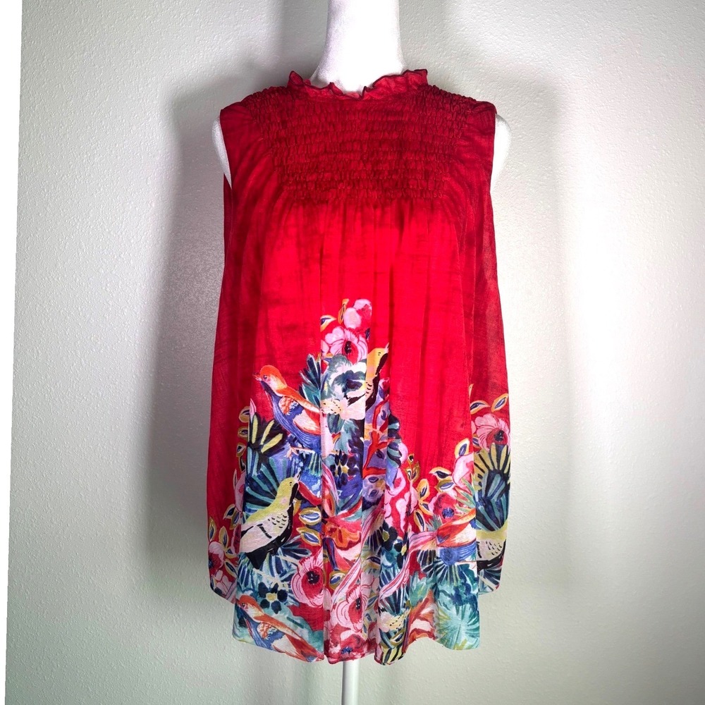 Red Tropical Bird Floral Smocked Ruffle Neck Swing Blouse Top M Deletta Anthro